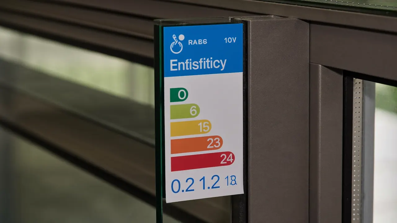 Close-up of an energy-rating label on a new double glazed window unit