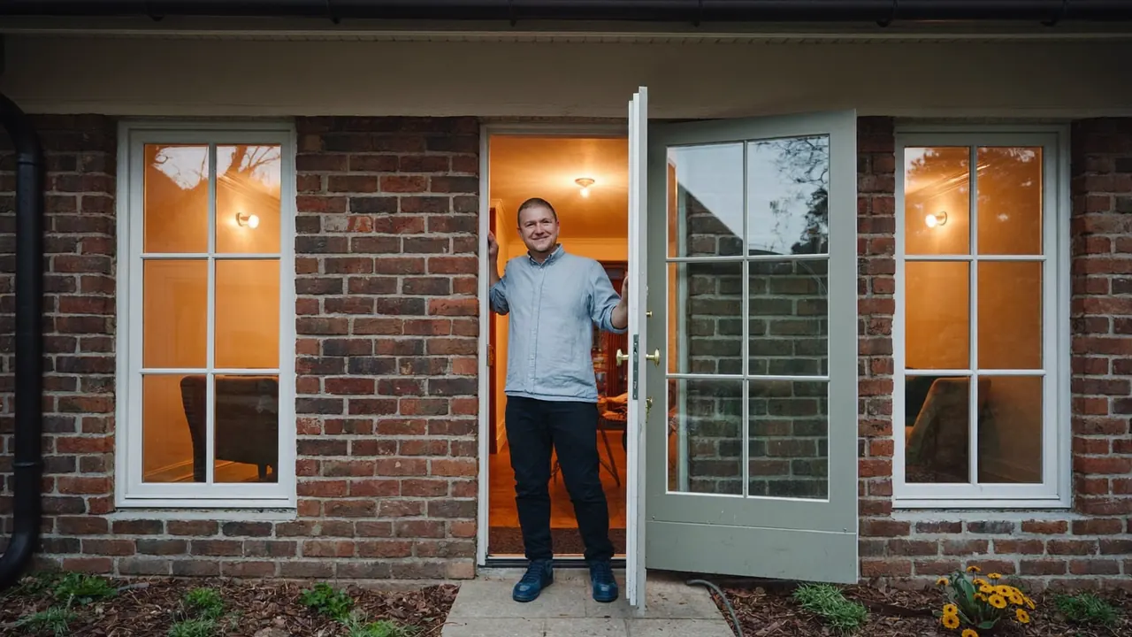 Homeowner smiling in the doorway of a home with newly fitted windows