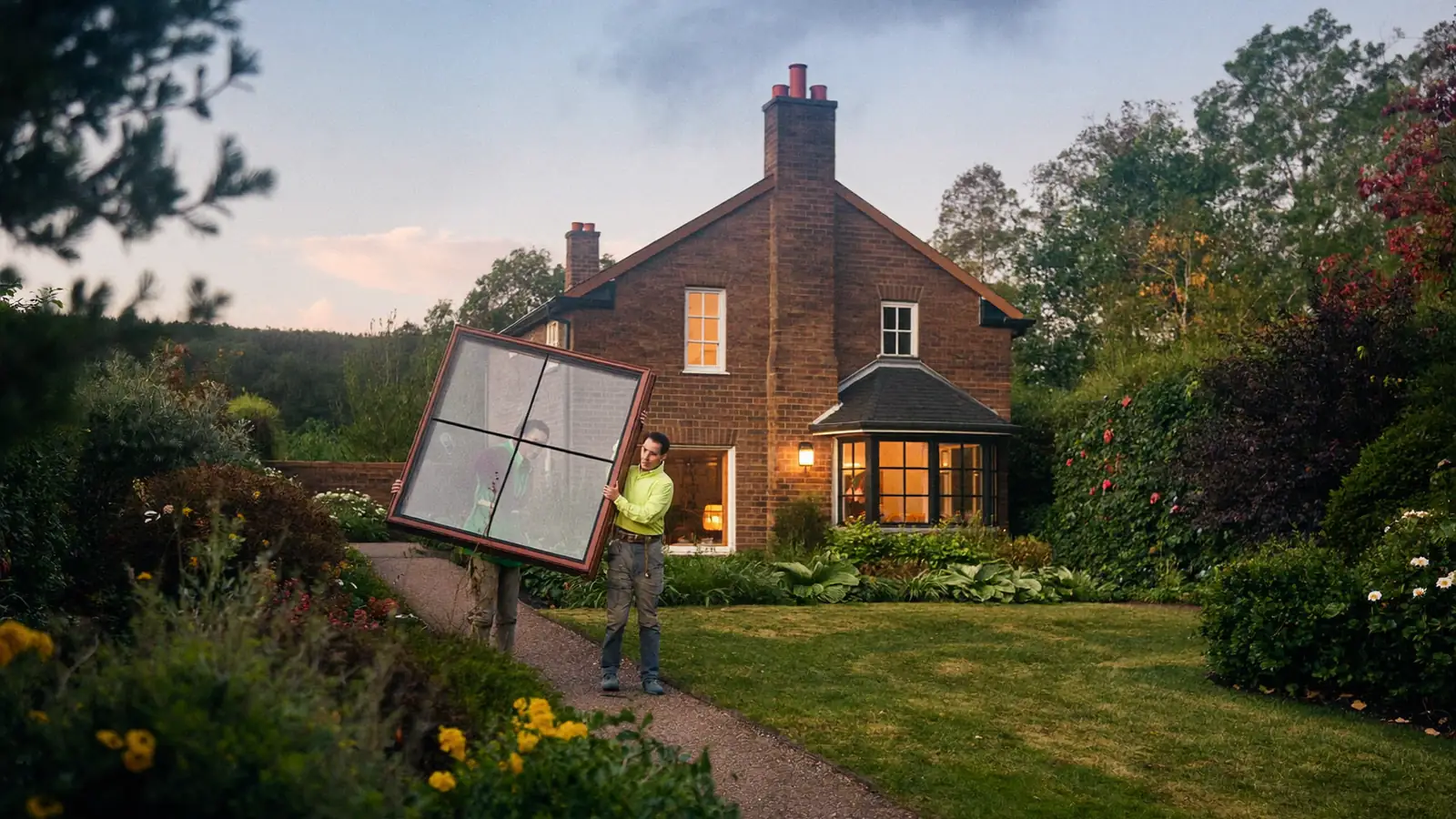 Installation team carrying a new window unit up a garden path at dusk