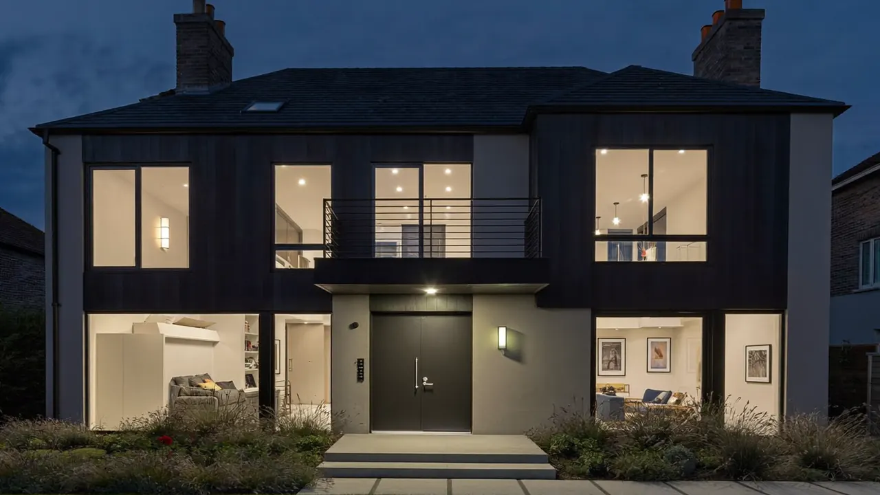 Modern UK home in the evening with warm light glowing through new windows