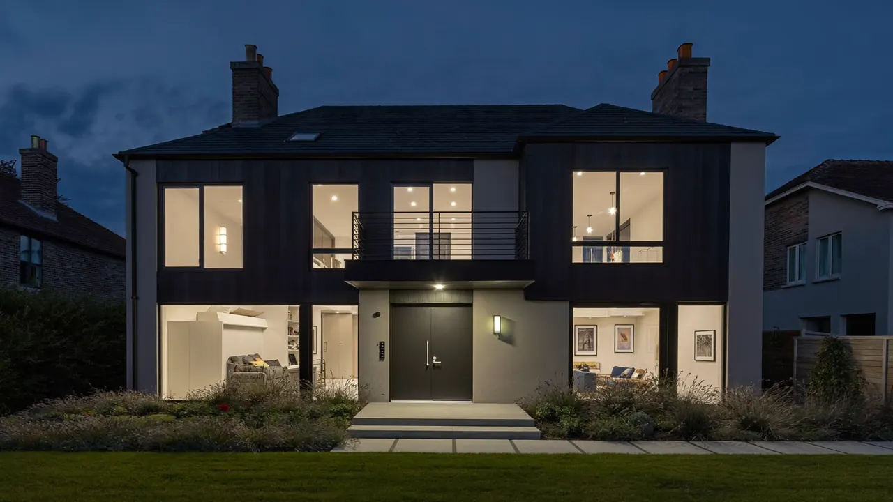 Modern UK house at night with warm light glowing through new windows