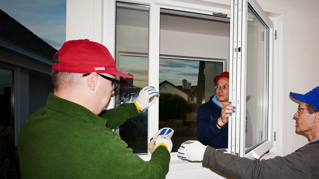 A single casement window part-way through being fitted into a wall opening