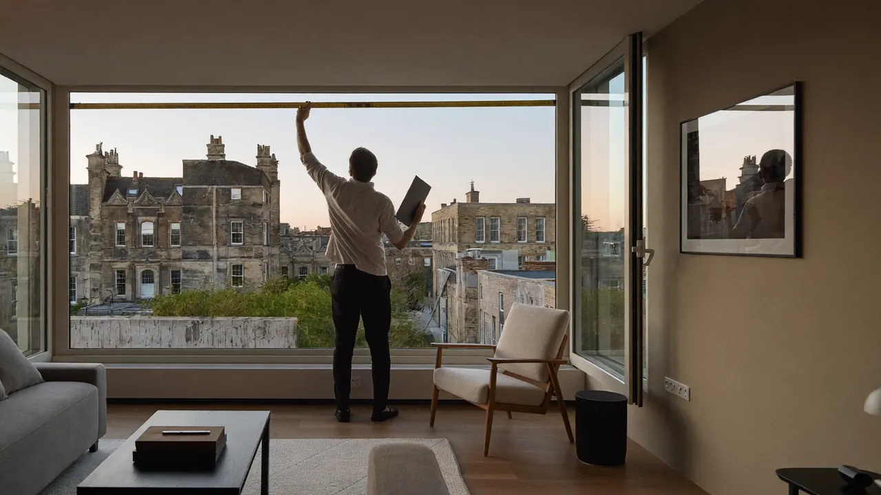 Surveyor noting measurements on a tablet beside a bay window interior