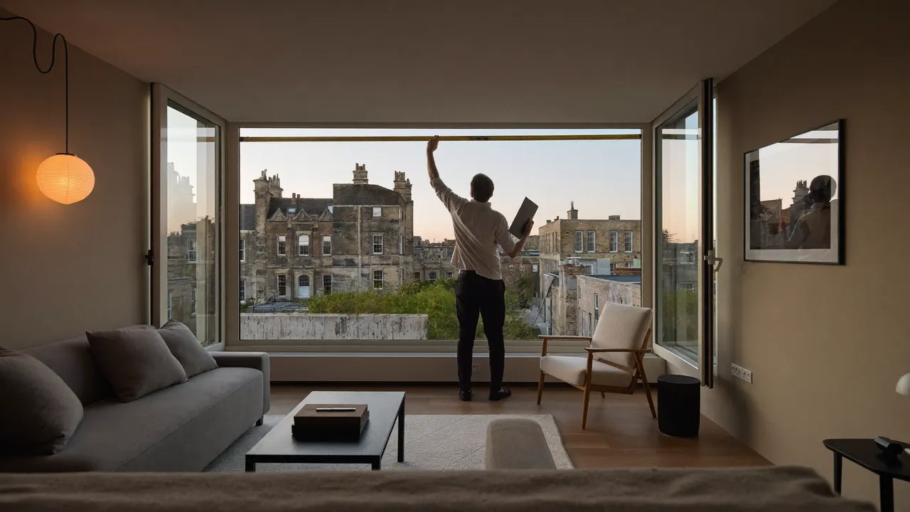 Surveyor using a tablet to measure a bay window inside a home at dusk